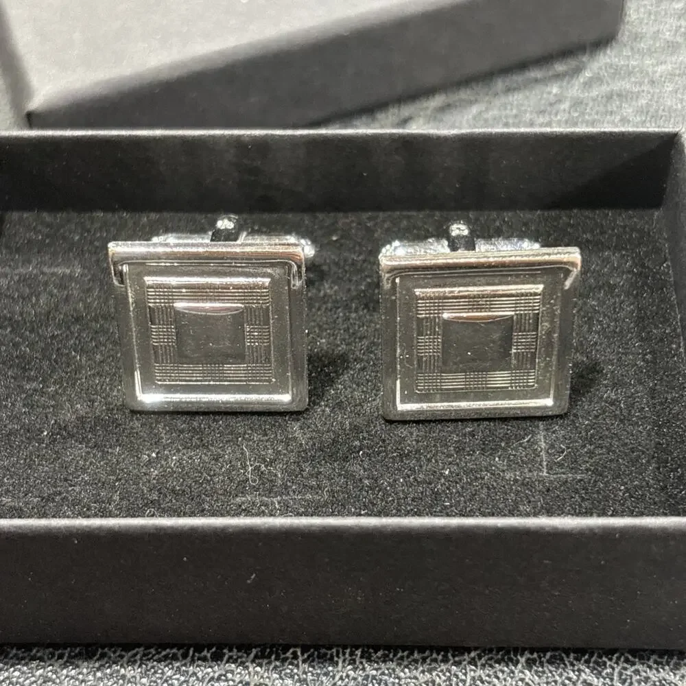 Vintage Mid Century Silver Tone Geometric Cufflinks Mens Formal Jewelry With Box